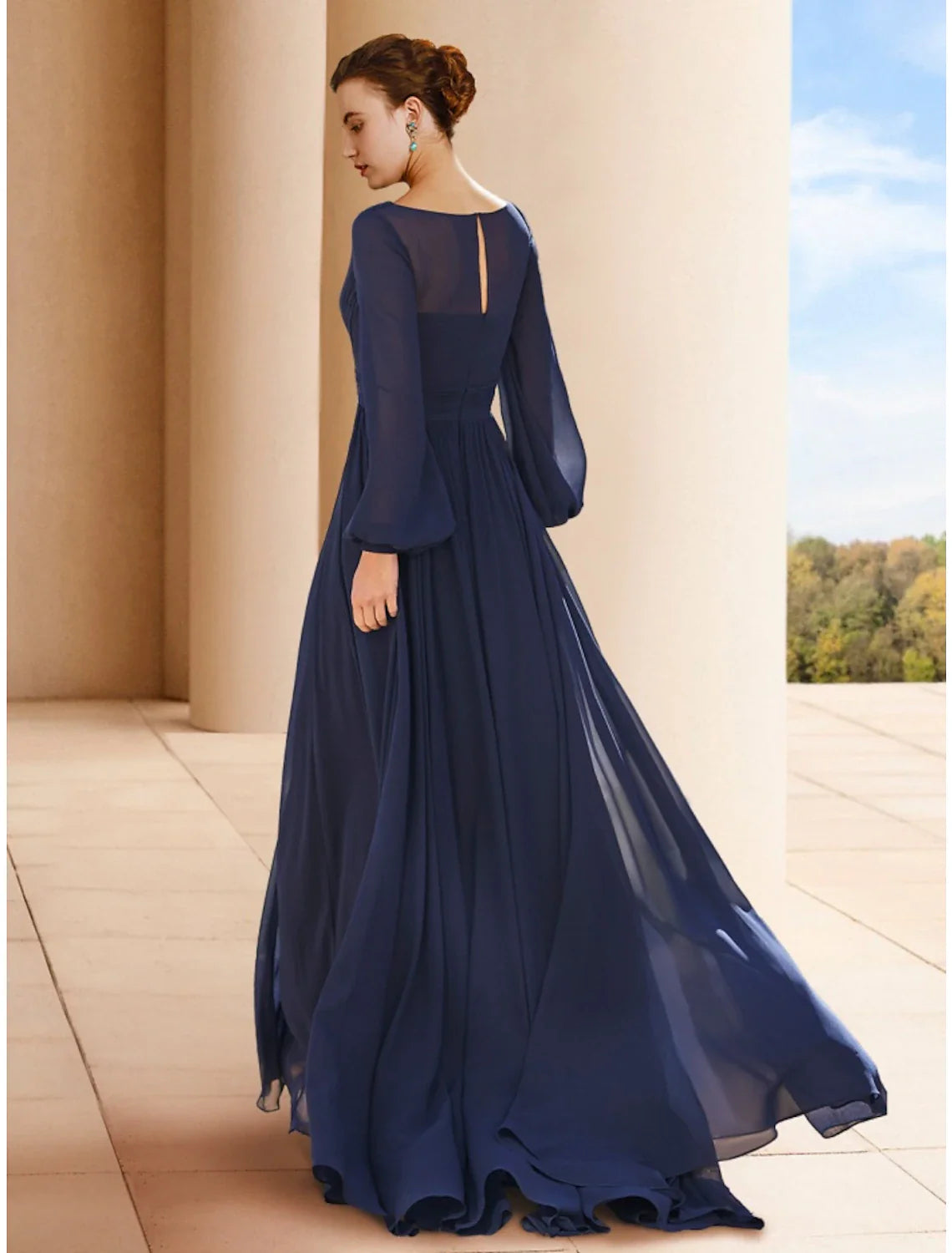 A-Line Mother of the Bride Dress Wedding Guest Elegant V Neck Floor Length Chiffon Long Sleeve with Ruching Solid Color