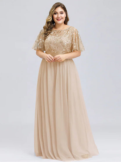 A-Line Prom Dresses Plus Size Dress Wedding Guest Floor Length Short Sleeve Jewel Neck Chiffon with Appliques