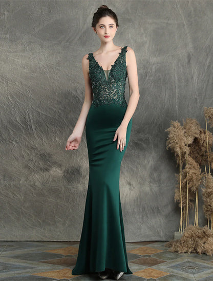 Mermaid / Trumpet Evening Gown Open Back Dress Formal Wedding Guest Sweep / Brush Train Sleeveless V Neck Cotton Blend with Beading Appliques