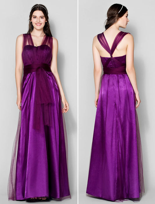 A-Line Bridesmaid Dress Straps Sleeveless Convertible Dress Floor Length Tulle with Ruched / Side Draping