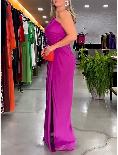 Prom Dress Party Dress Velvet Split One Shoulder Sleeveless Purple Spring Winter