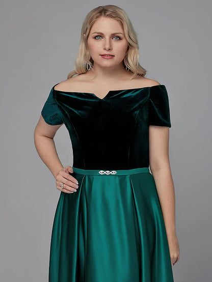 A-Line Special Occasion Dresses Elegant Dress Wedding Guest Floor Length Short Sleeve Off Shoulder Satin with Crystals