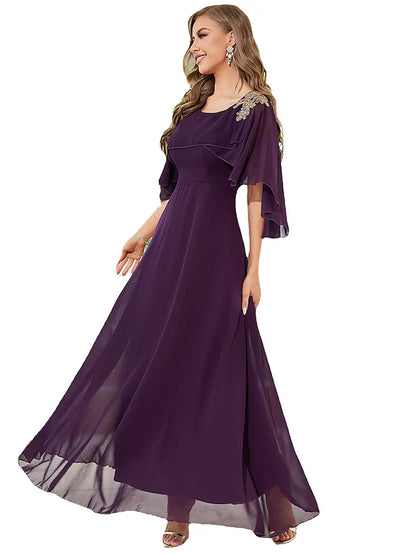 A-Line Wedding Guest Dresses Elegant Dress Party Wear Floor Length Half Sleeve Jewel Neck Chiffon with Ruffles