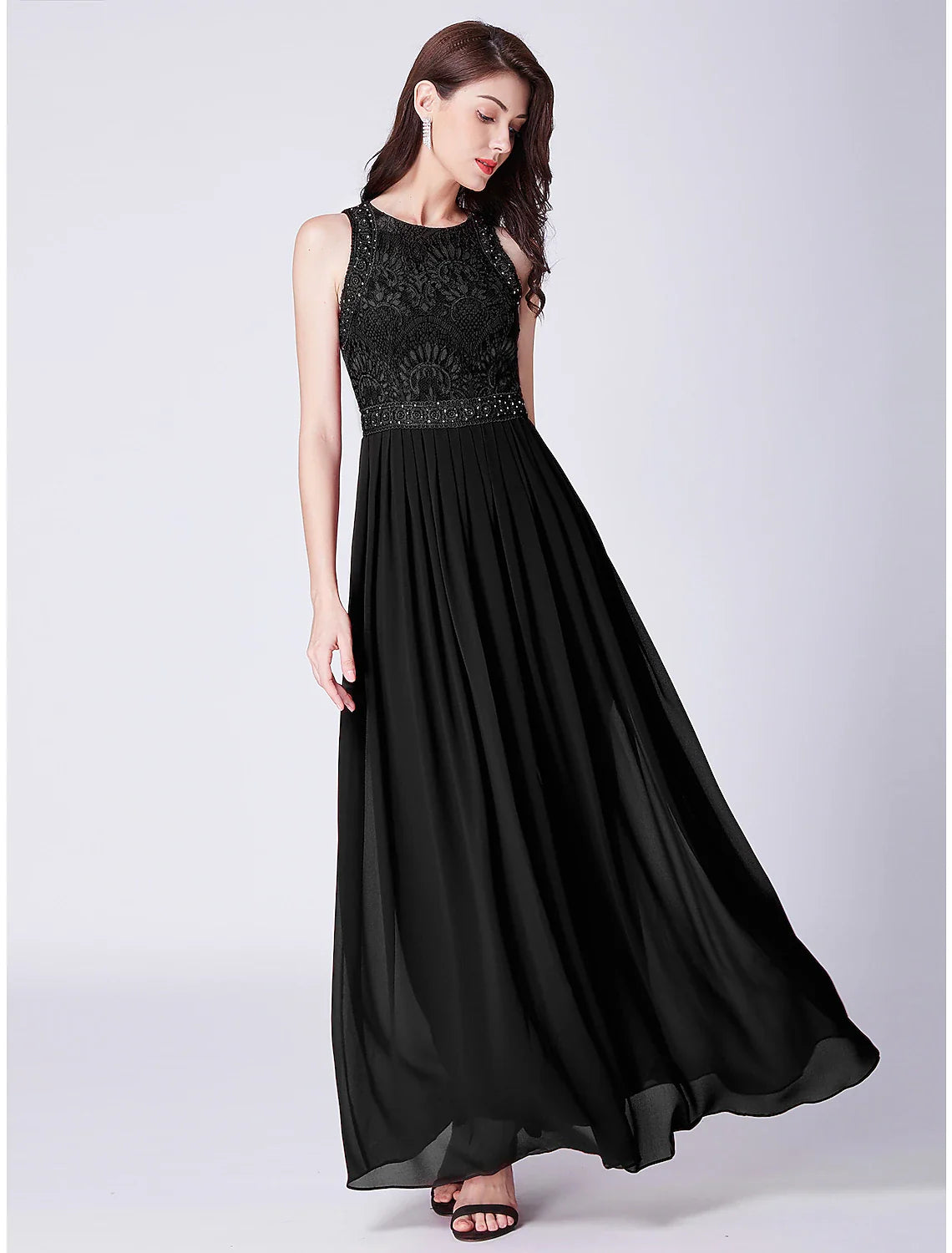 A-Line Prom Dresses Maxi Dress Wedding Guest Floor Length Sleeveless Jewel Neck Chiffon with Pleats Lace Insert