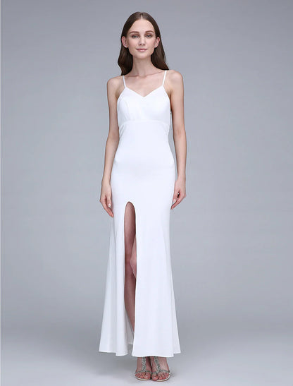 Sheath / Column Bridesmaid Dress Bateau Neck Sleeveless Open Back Ankle Length Chiffon / Jersey with Split Front