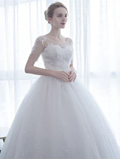 Engagement Formal Wedding Dresses Floor Length Ball Gown Half Sleeve Illusion Neck Satin With Lace