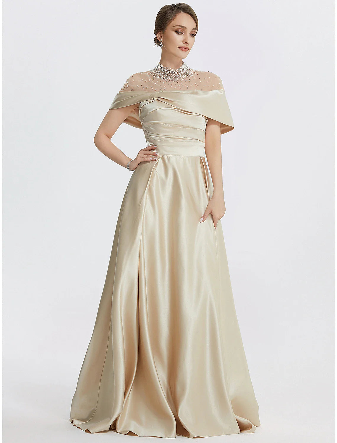 A-Line Evening Gown Elegant Dress Formal Prom Floor Length Sleeveless High Neck Italy Satin with Ruched Pearls