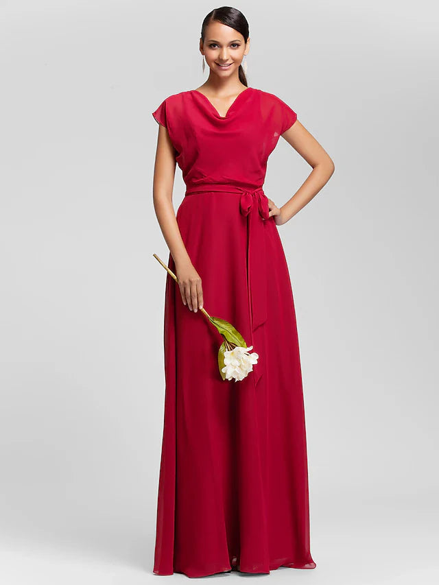 Sheath / Column Bridesmaid Dress Cowl Neck Short Sleeve Elegant Floor Length Chiffon with Sash / Ribbon / Draping