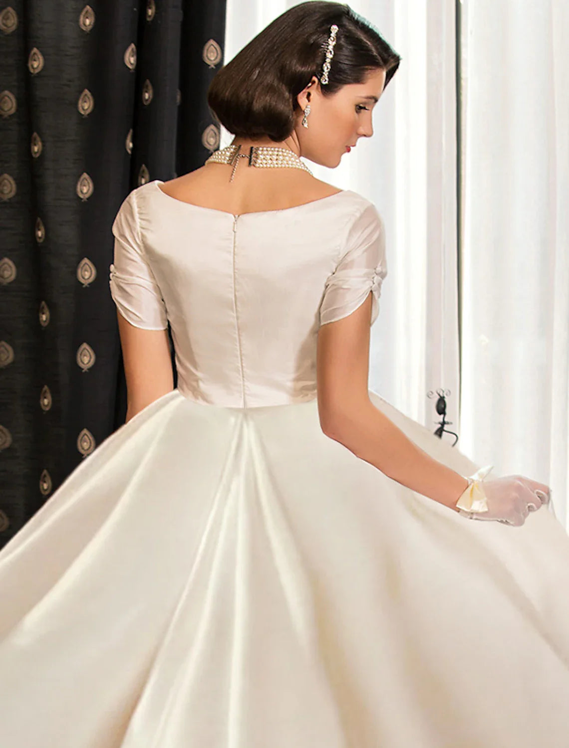 Engagement Formal Wedding Dresses Court Train Ball Gown Short Sleeve V Neck Satin With Ruched Solid Color