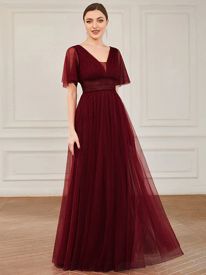 A-Line Bridesmaid Dress V Neck Short Sleeve Plus Size Floor Length Tulle with Ruffles / Draping / Tier