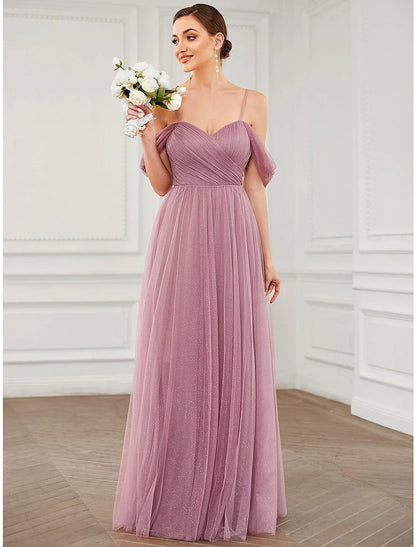 A-Line Prom Dresses Elegant Dress Wedding Guest Floor Length Sleeveless V Neck Tulle with Pleats