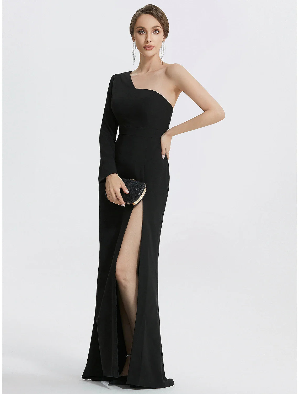 Mermaid Evening Gown Elegant Black Dress Wedding Guest Prom Floor Length Long Sleeve One Shoulder Stretch Fabric with Slit