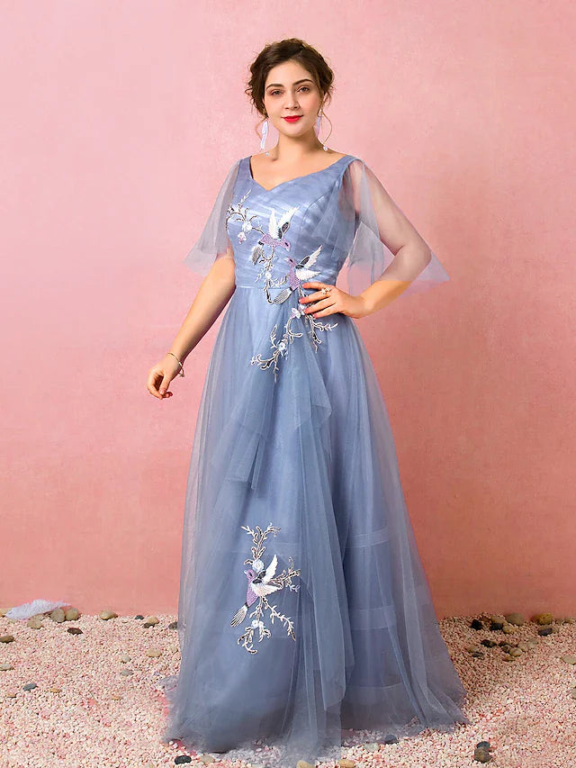 A-Line Prom Dresses Chinese Style Dress Prom Floor Length Half Sleeve V Neck Satin with Ruched Embroidery