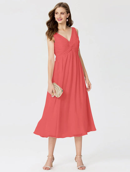 Ball Gown / A-Line V Neck Tea Length Chiffon Bridesmaid Dress with Criss Cross / Beading