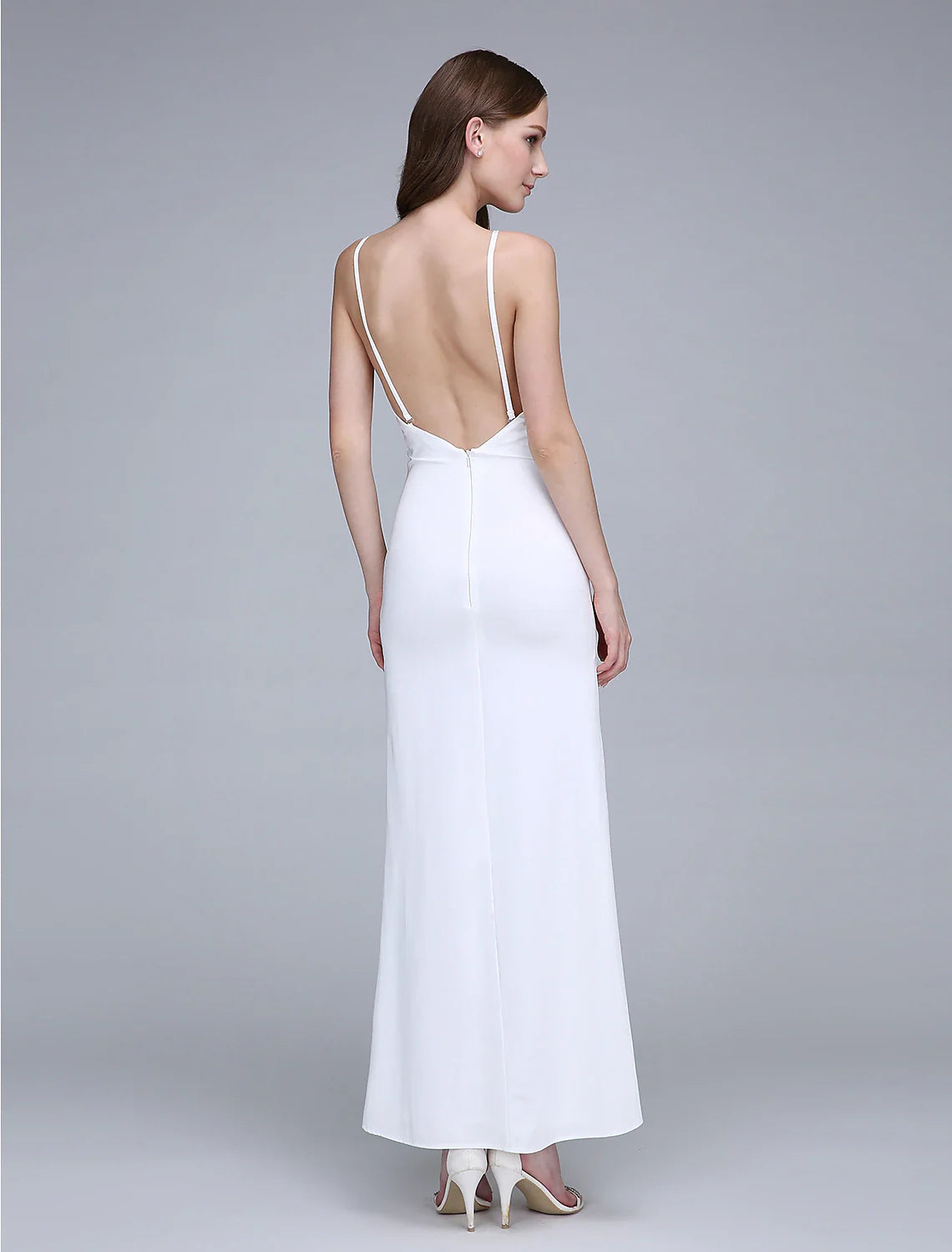 Sheath / Column Bridesmaid Dress Bateau Neck Sleeveless Open Back Ankle Length Chiffon / Jersey with Split Front