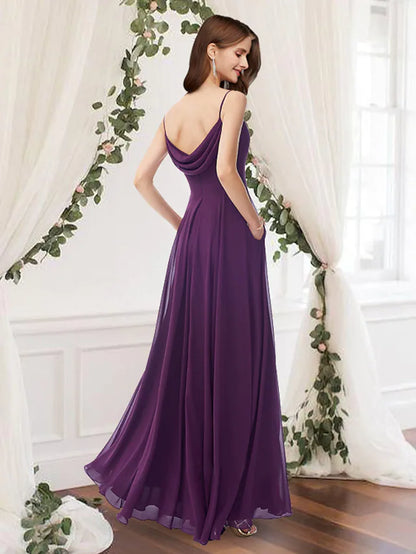 A-Line Bridesmaid Dress V Neck Sleeveless Elegant Floor Length Chiffon with Pleats