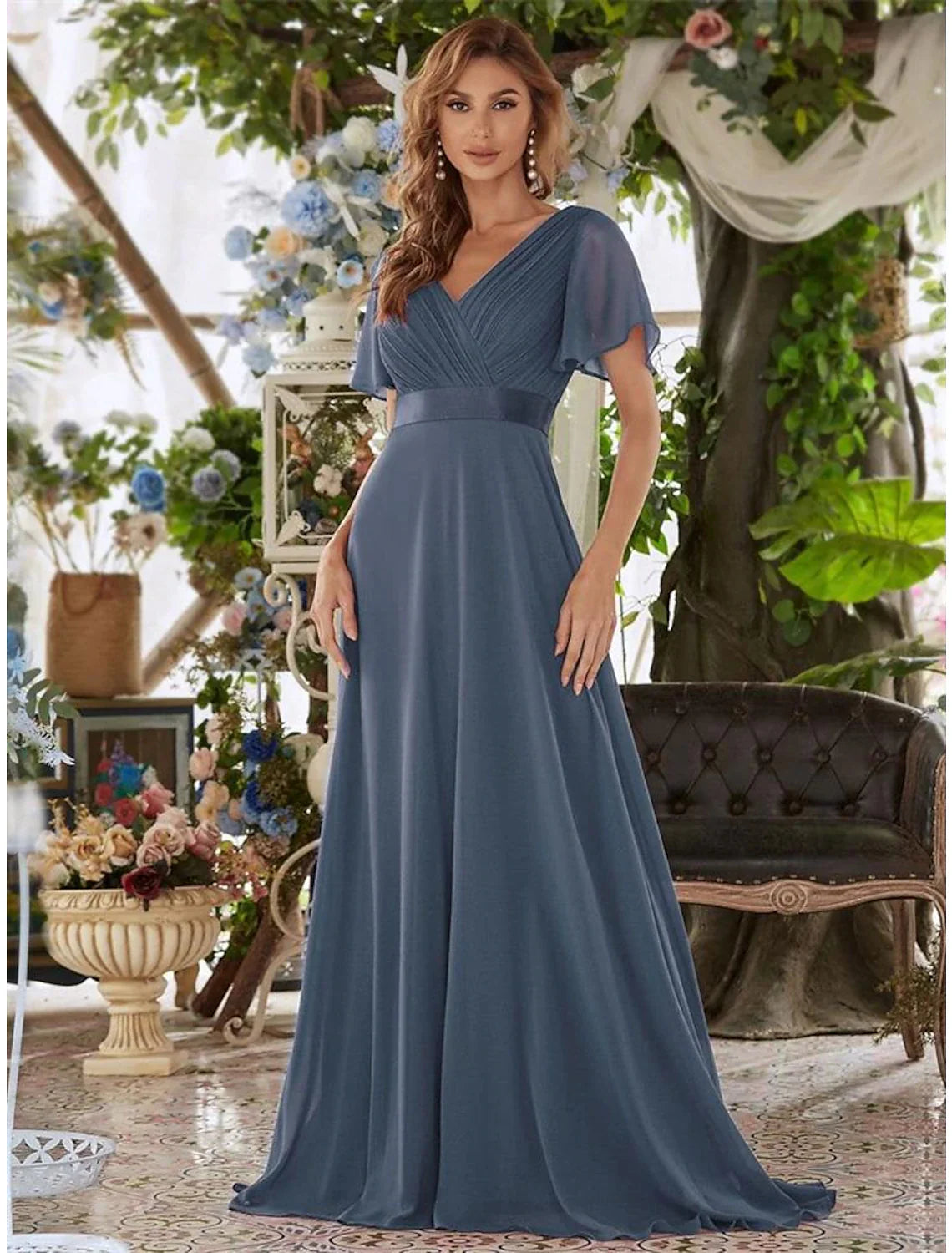 A-Line Evening Gown Party Dress Empire Dress Wedding Guest Formal Evening Floor Length Short Sleeve V Neck Bridesmaid Dress Chiffon V Back with Ruffles Pure Color