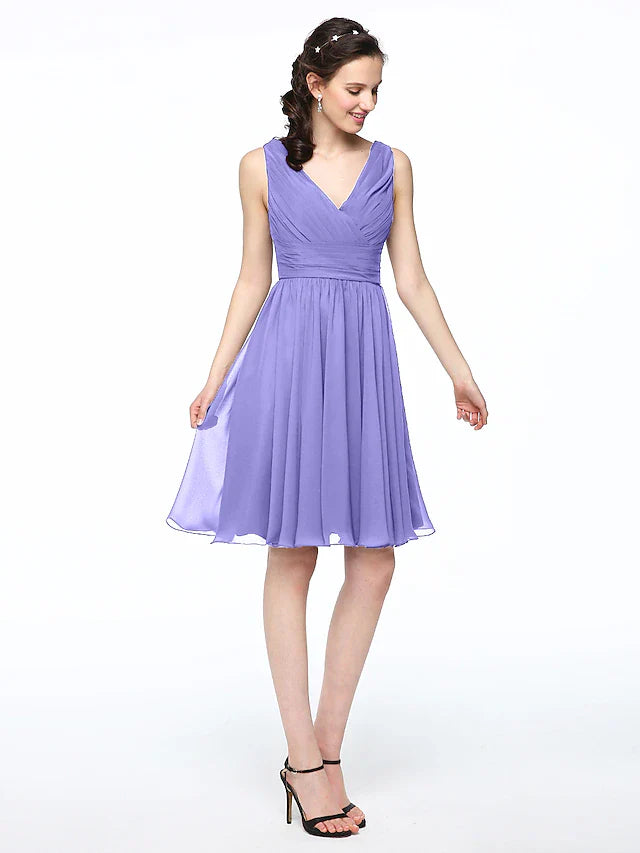 A-Line Bridesmaid Dress V Neck Sleeveless Elegant Short / Mini Chiffon with Pleats