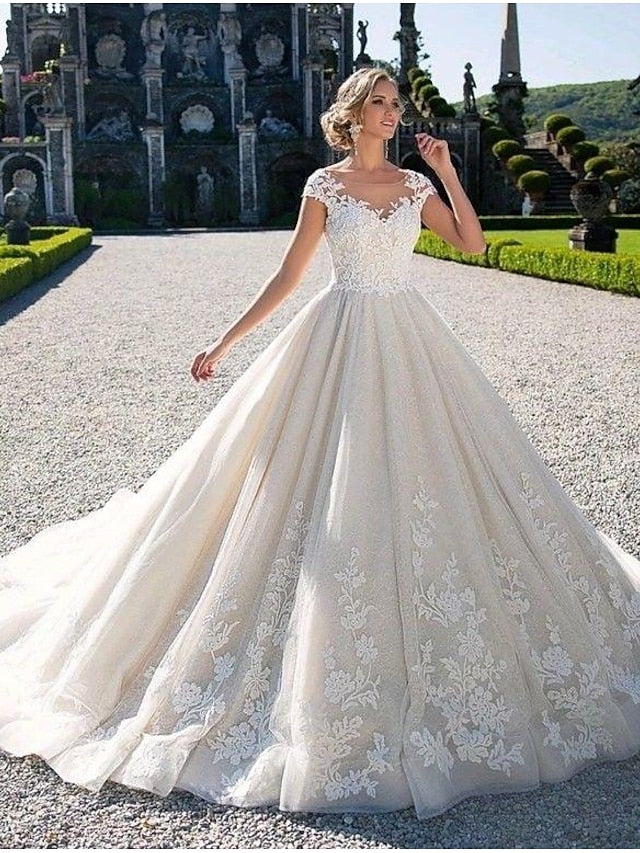 Engagement Open Back Sexy Formal Wedding Dresses Chapel Train Ball Gown Cap Sleeve Illusion Neck Lace With Appliques