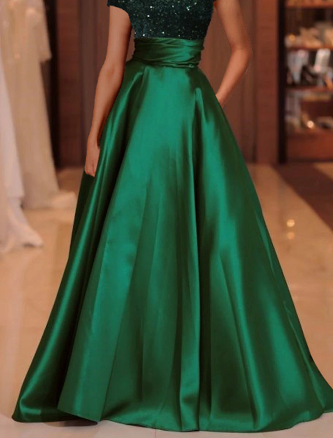 A-Line Evening Gown Elegant Dress Floor Length Short Sleeve High Neck Satin with Sequin