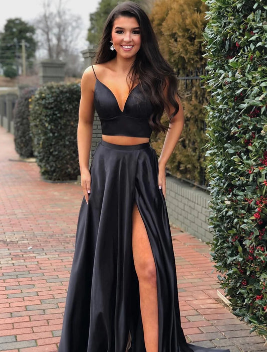 Two Piece A-Line Prom Dresses Minimalist Dress Party Wear Sweep / Brush Train Sleeveless V Neck Satin with Pleats Slit