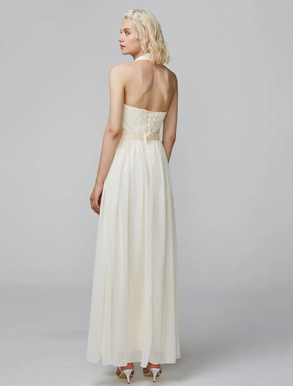 Sheath / Column High Neck Floor Length Chiffon / Lace Bodice Bridesmaid Dress with Sash / Ribbon / Pleats