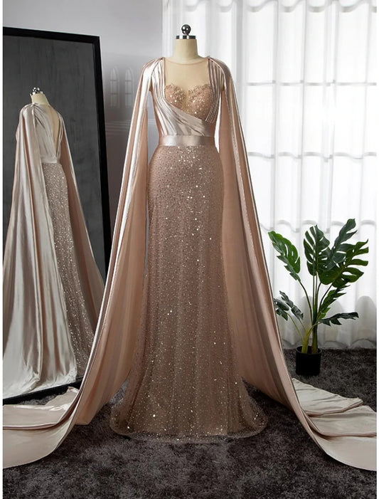 A-Line Evening Gown Elegant Dress Formal Court Train Long Sleeve Illusion Neck Stretch Satin with Pleats Ruched Beading