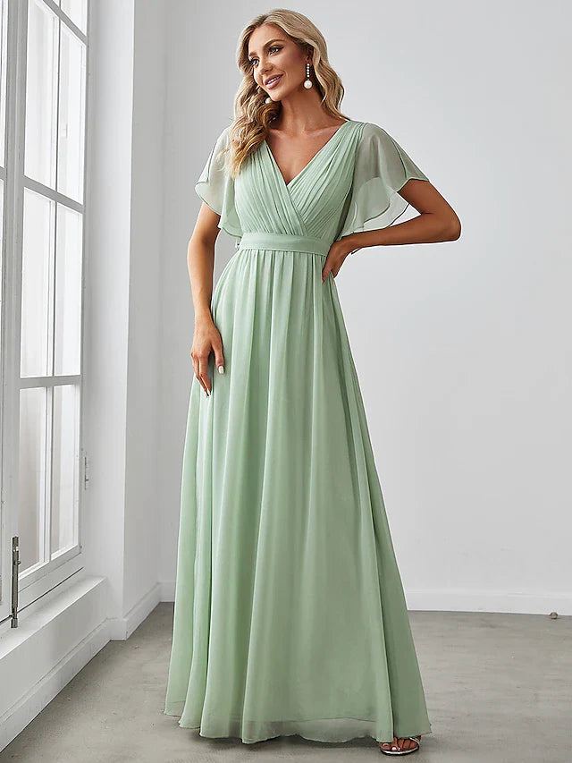 A-Line Bridesmaid Dress V Neck Short Sleeve Elegant Stretch Chiffon with Ruffles / Solid Color