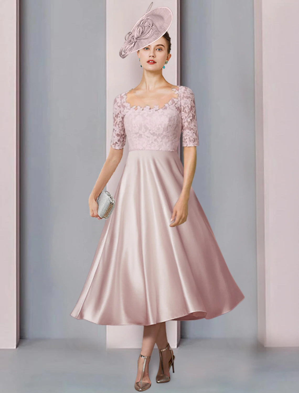 Two Piece A-Line Scoop Neck Tea Length Satin Lace Half Sleeve with Pleats Mother of the Bride Dress Party