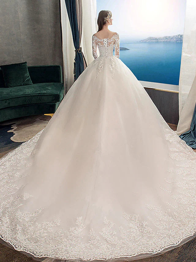 Engagement Formal Wedding Dresses Cathedral Train Ball Gown Long Sleeve Illusion Neck Lace With Pleats Appliques