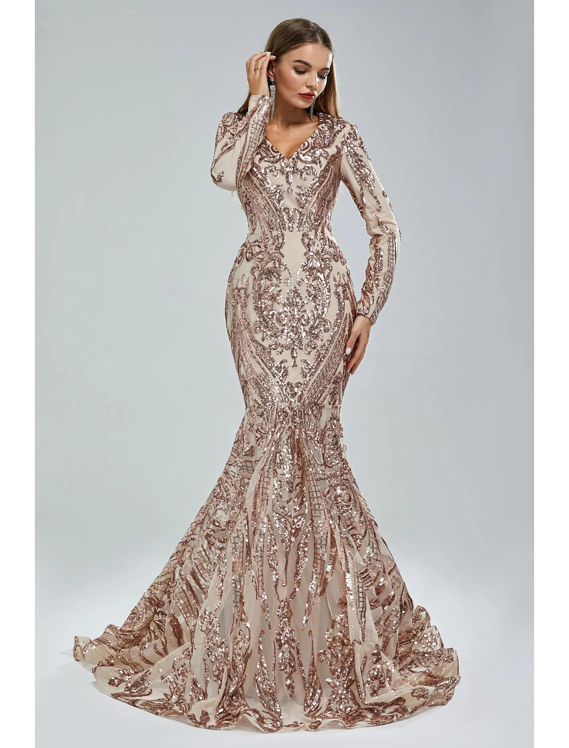 Mermaid / Trumpet Evening Gown Elegant Dress Engagement Court Train Long Sleeve V Neck Lace with Sequin