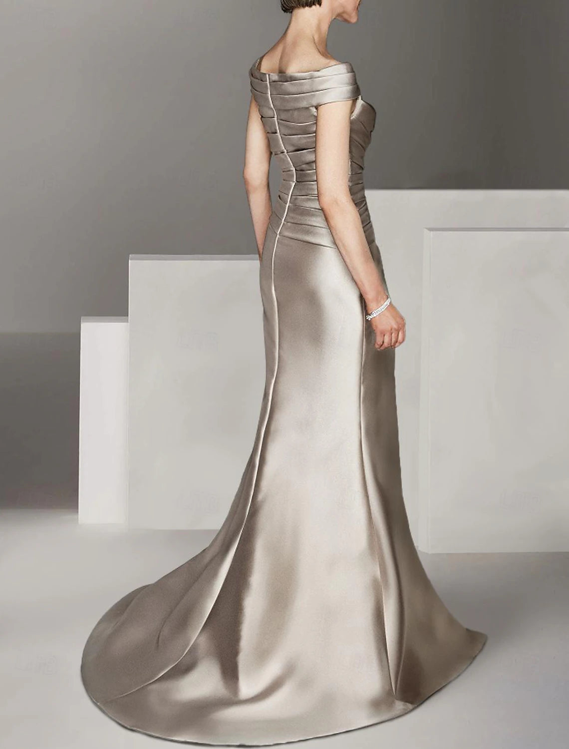 A-Line Scoop Neck Off Shoulder Floor Length Satin Cap Sleeve with Ruching Mother of the Bride Dress