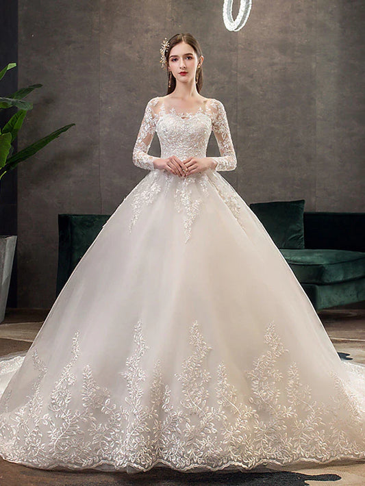 Engagement Formal Wedding Dresses Cathedral Train Ball Gown Long Sleeve Illusion Neck Lace With Pleats Appliques