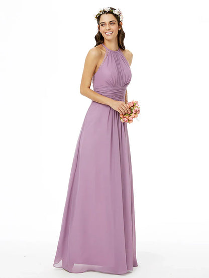 Sheath / Column Bridesmaid Dress Jewel Neck Sleeveless Beautiful Back Floor Length Chiffon with Lace / Sash / Ribbon / Pleats