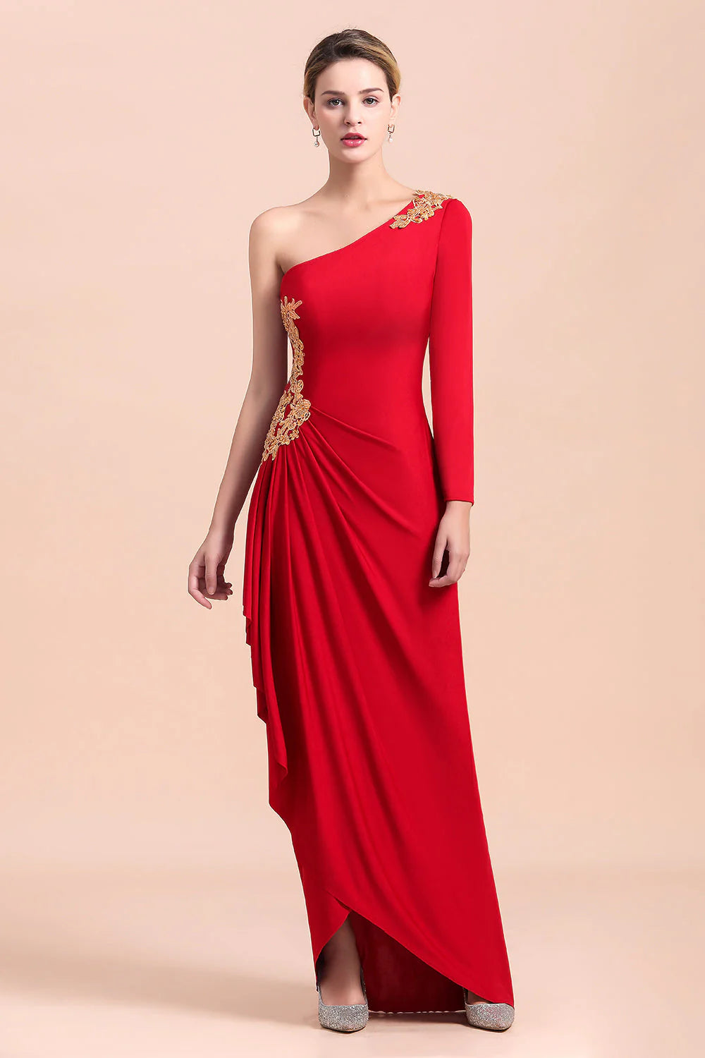 Red One-Shoulder Long Sleeves Ruffle Mother of Bride Dresses with Appliques