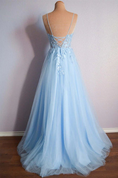 A-Line Princess Light Blue Floor-length Prom Dress Ballgown with Appliques