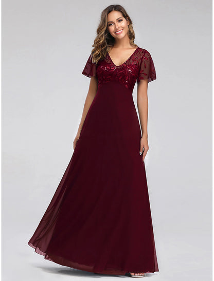 A-Line Wedding Guest Dresses Fall Floor Length Short Sleeve V Neck Bridesmaid Dress Tulle with Sequin Applique