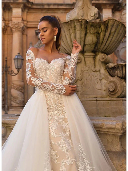 Engagement Formal Wedding Dresses Court Train Two Piece Long Sleeve Sweetheart Lace With Appliques