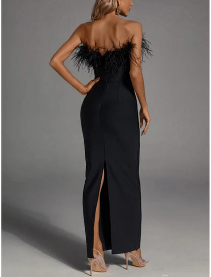 Sheath / Column Black Evening Gowns Elegant Dress Strapless Stretch Fabric with Feather Slit