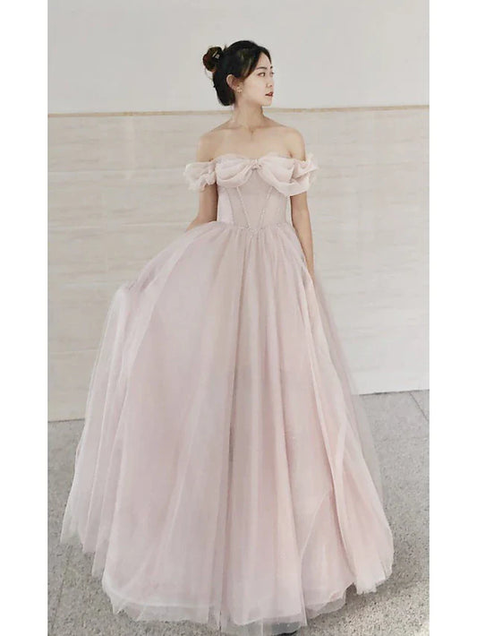 A-Line Prom Dresses Empire Dress Prom Sweep / Brush Train Short Sleeve Sweetheart Tulle with Pleats Beading