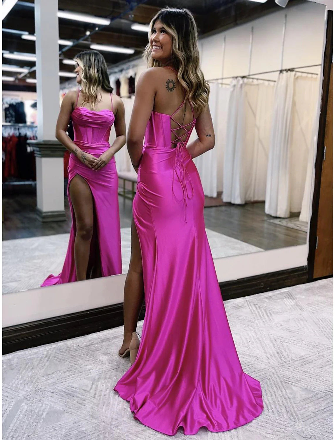 Mermaid / Trumpet Prom Dresses Empire Dress Formal Wedding Party Sweep / Brush Train Sleeveless Spaghetti Strap Satin Backless with Pleats