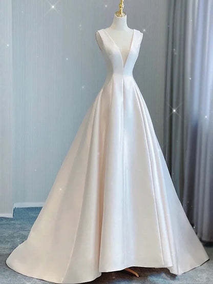 Hall Casual Wedding Dresses Court Train A-Line Sleeveless V Neck Satin With Bow(s) Pleats Bridal