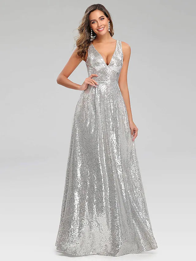 A-Line Prom Dresses Sparkle Dress Wedding Guest Floor Length Sleeveless V Neck Polyester V Back with Sequin