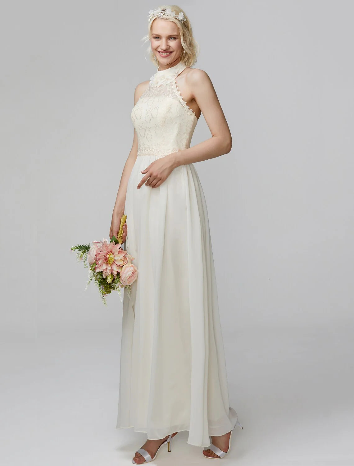 Sheath / Column High Neck Floor Length Chiffon / Lace Bodice Bridesmaid Dress with Sash / Ribbon / Pleats