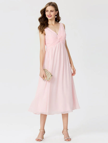 Ball Gown / A-Line V Neck Tea Length Chiffon Bridesmaid Dress with Criss Cross / Beading