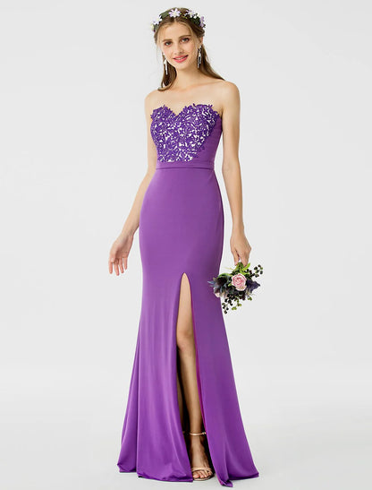 Sheath / Column Bridesmaid Dress Sweetheart Sleeveless Open Back Floor Length Jersey / Floral Lace with Sash / Ribbon / Appliques / Split Front