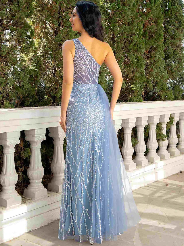 Mermaid / Trumpet Evening Gown Cut Out Dress Wedding Party Floor Length Sleeveless One Shoulder Tulle with Sequin