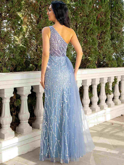 Mermaid / Trumpet Evening Gown Cut Out Dress Wedding Party Floor Length Sleeveless One Shoulder Tulle with Sequin