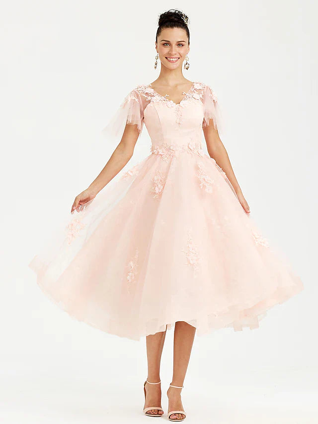 A-Line Prom Dresses Elegant Dress Wedding Guest Tea Length Short Sleeve V Neck Tulle with Appliques