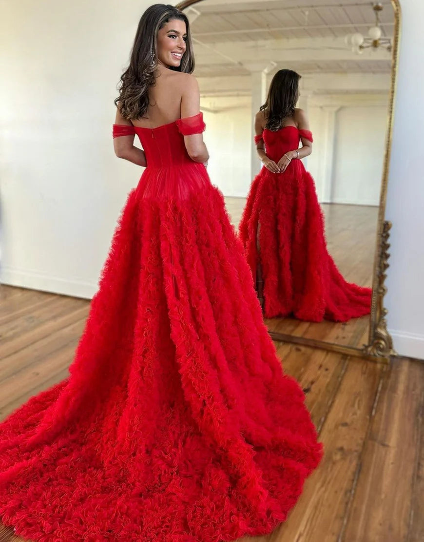 A-Line Princess Off The Shoulder Tiered Long Prom Dress With Slit